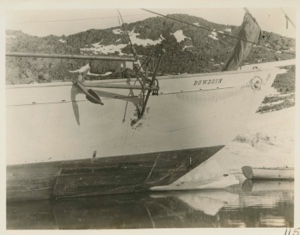 Image of Bow of the Bowdoin melting out of winter quarters
